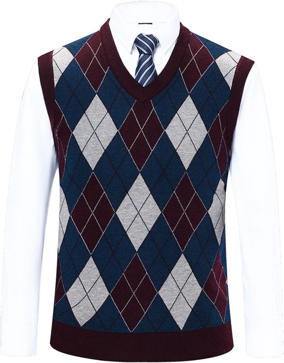 Kasjmier Gemengd Argyle V-Hals Gebreid Vest, Klassiek Kleurcontrast Casual All-Match Mouwloos Vest Pullover, Business Gentleman Knitwear Vest Sweater Tank Tops,Rood,S