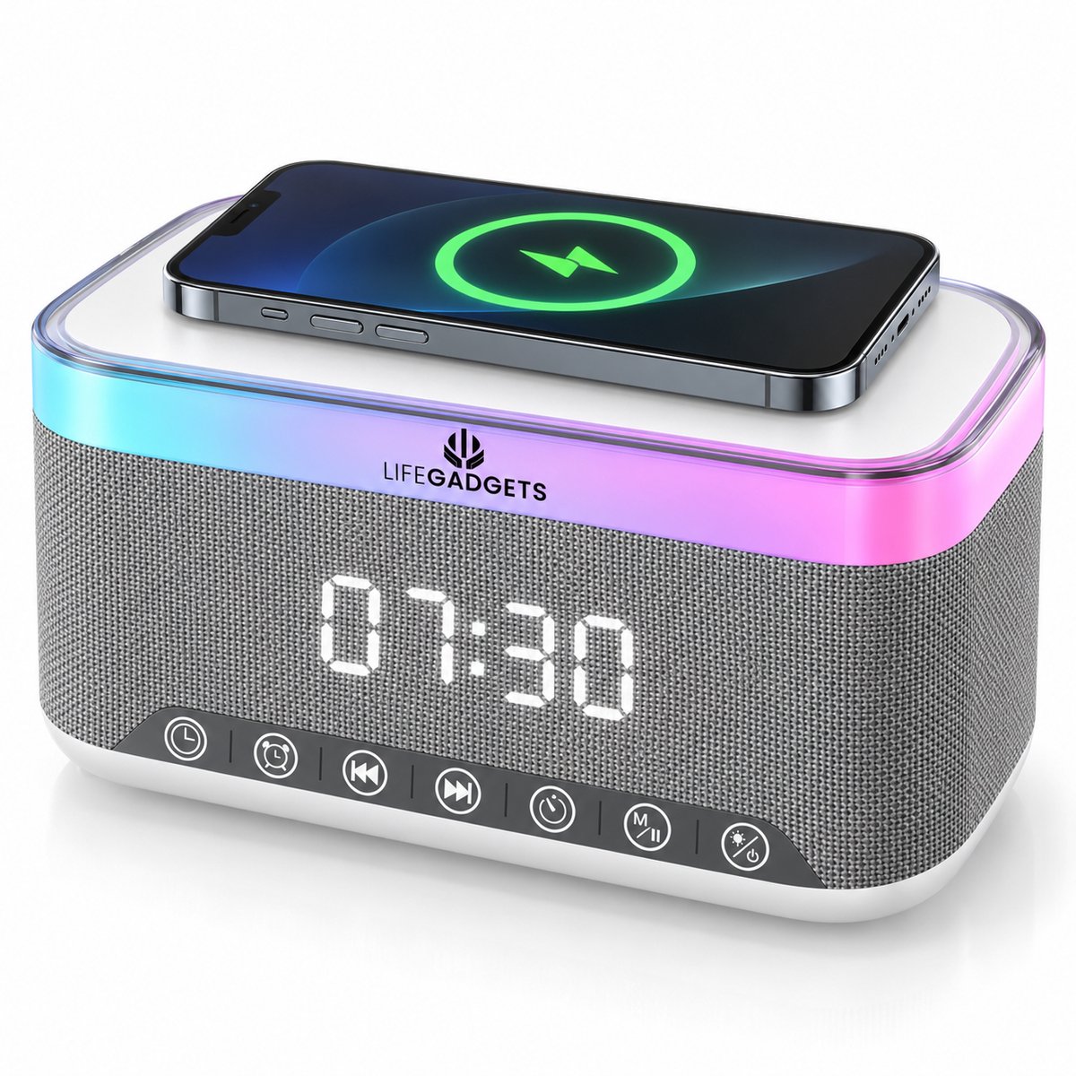 LifeGadgets Digitale Wekkerradio – Digitale Klok Slaapkamer – 15 W Draadloos opladen - Speaker met bluetooth - 13 Lichtstanden - Lichtwekker – Wekker voor kinderen & volwassenen – Netstroom – Alarmklok – Wit