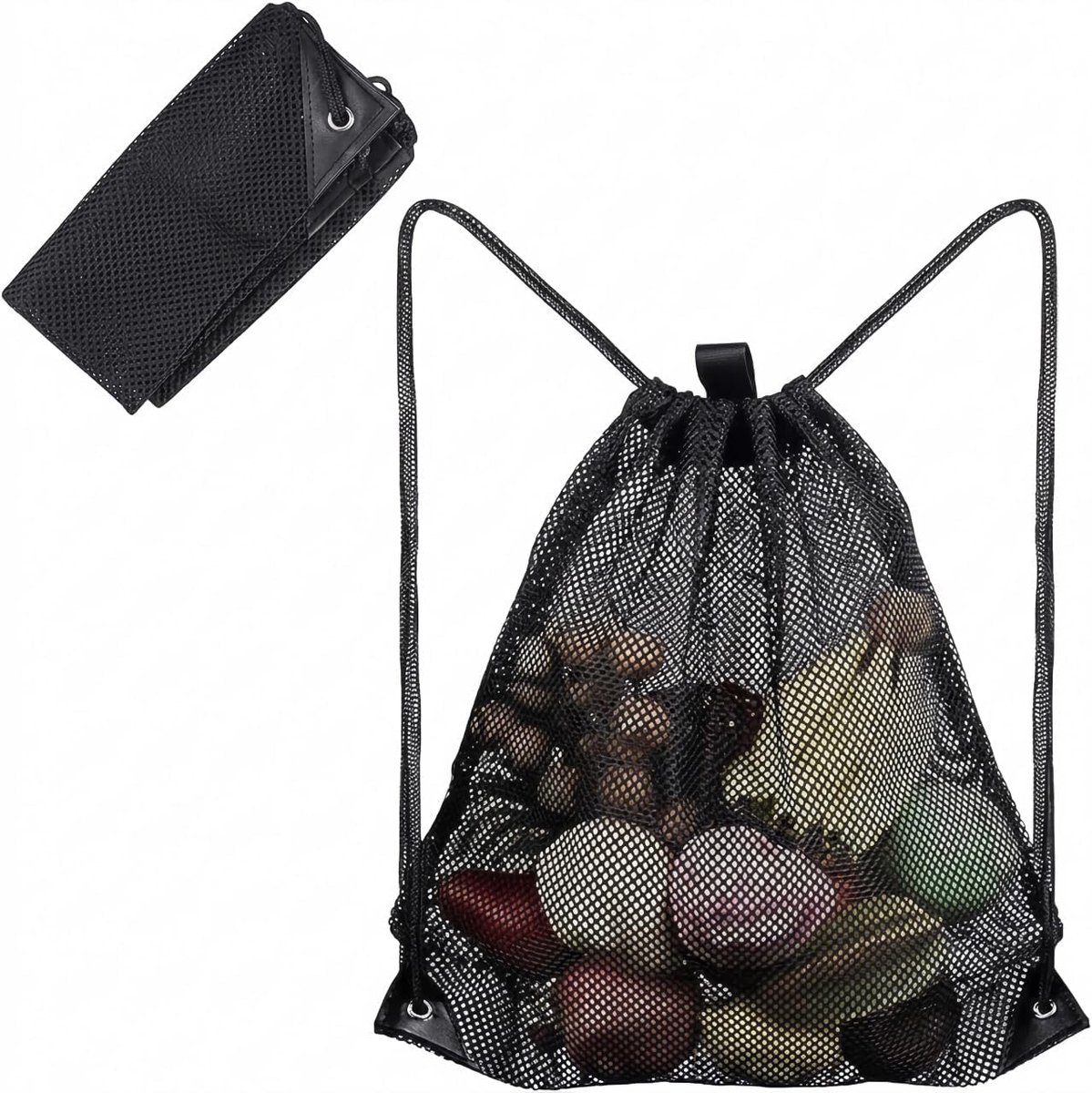 Gymtas met trekkoord, mesh strandtas, mesh rugzakken met trekkoord, net baltas, gymtas, rugzak, grote nettas, voetbal, balnet voor zwemmen, duiken, reizen, sportschool, zwart, 45x40cm