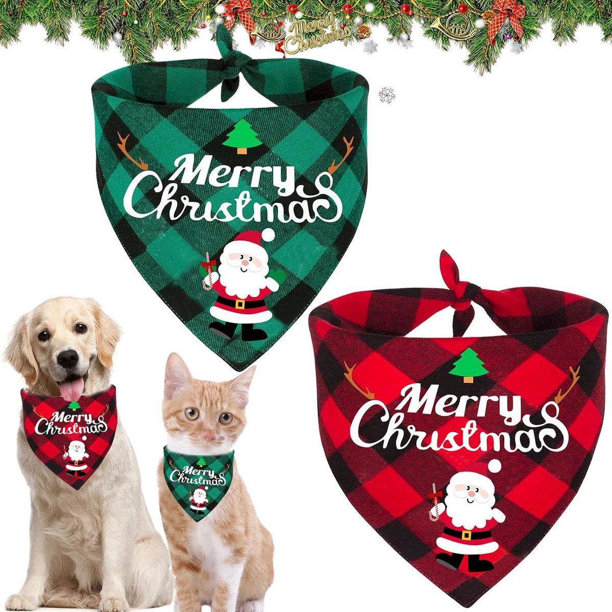 Hondenhalsdoek voor Kerstmis, 2 stuks, kersthond, bandana's, hondenhalsdoek, hondenkostuum, Kerstmis, klassieke geruite hondenhalsdoek voor katten en honden
