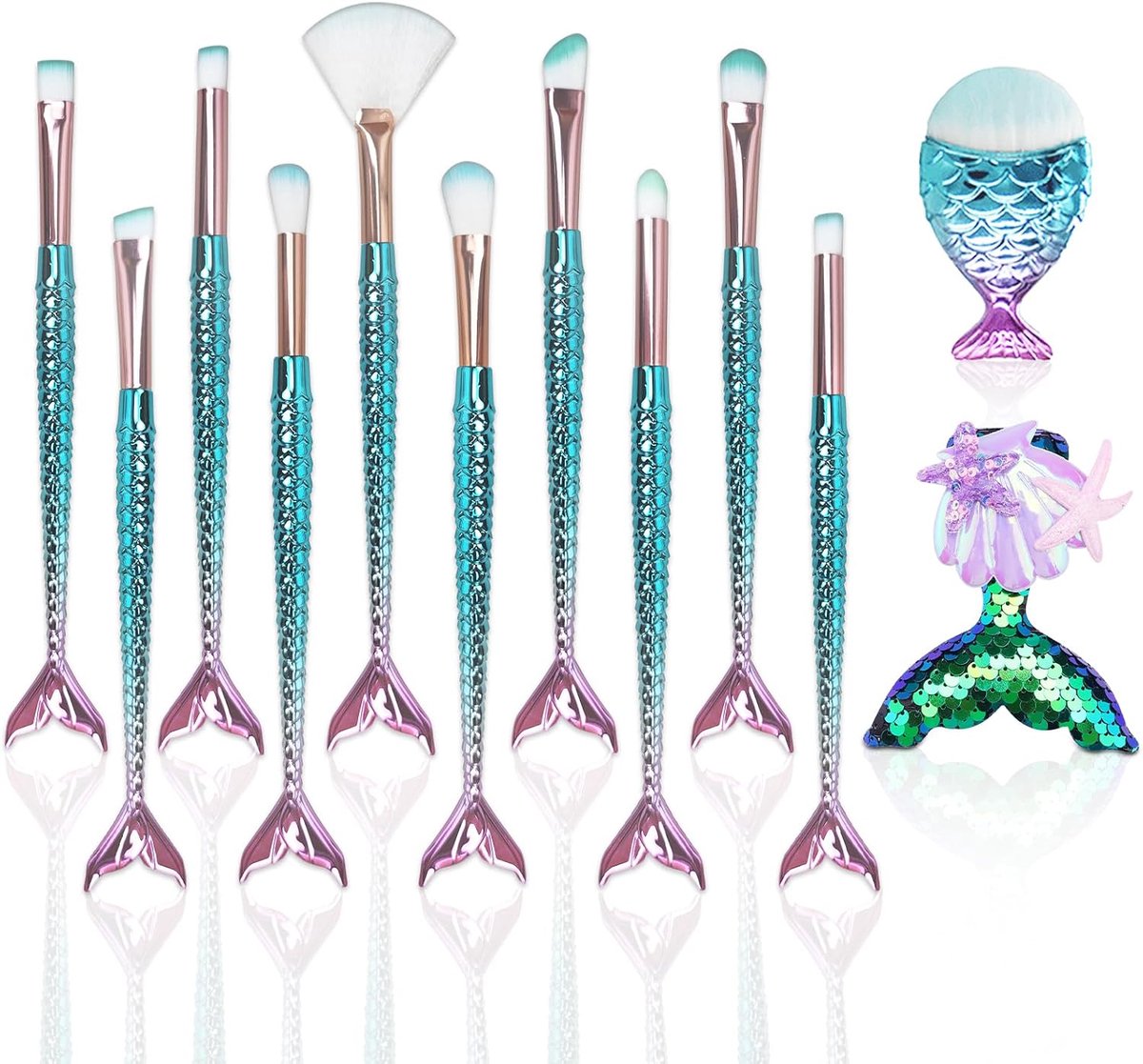 12 stuks make-upkwastenset met zeemeermin, beauty-haarclip, cosmetische borstelset, foundation, poeder, crème, wenkbrauwen, eyeliner, blush, cosmetica, concealer, kwast kinderen, meisjes, Kerstmis
