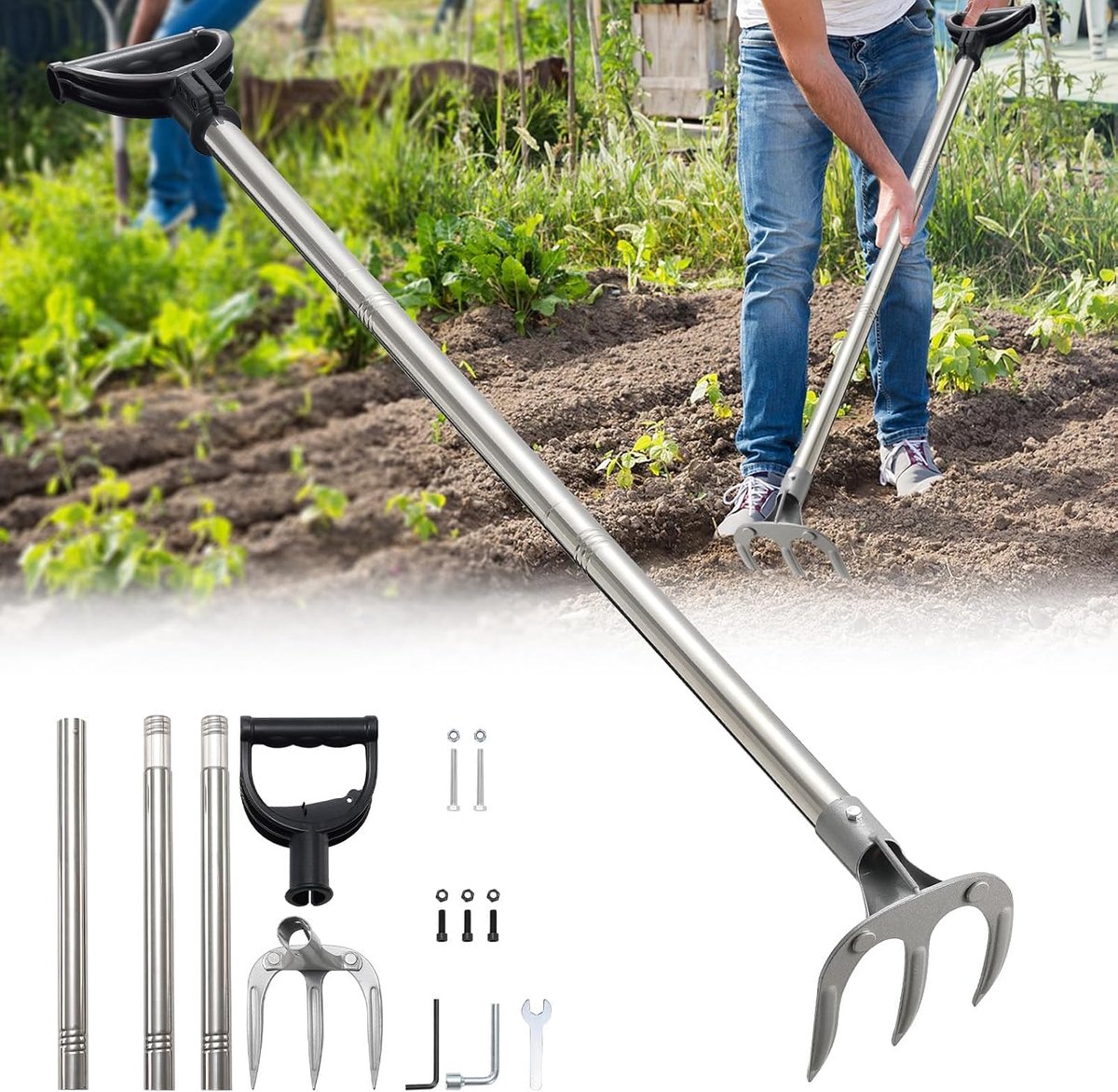 Tuinharken met 3 tanden om te graven, 140 cm, verstelbare lange steel-hak met verlenging, zware tuinhak om te wieden en los te maken voor tuin, gazon en tuinwerk