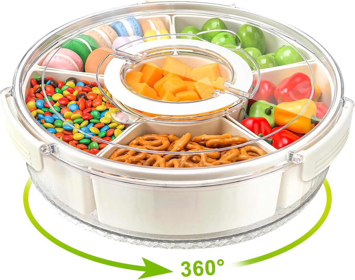 Snackbox met vakken, snackbord met deksel, 25 cm, snackspinner, snackschaal, snackbak, organizer, grote snackopbergdoos, draaibare box voor bijvoorbeeld snoep