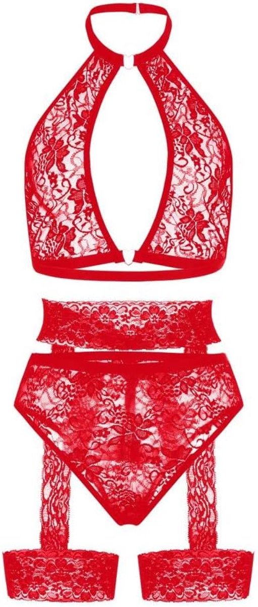 Babydolls, nachtjaponnen & negligés Kant Sexy Lingerie Vrouwen Ondergoed Porno Beha Slips Kousenband Halter Nachtkleding Erotische Kostuum Temptation-Red_L