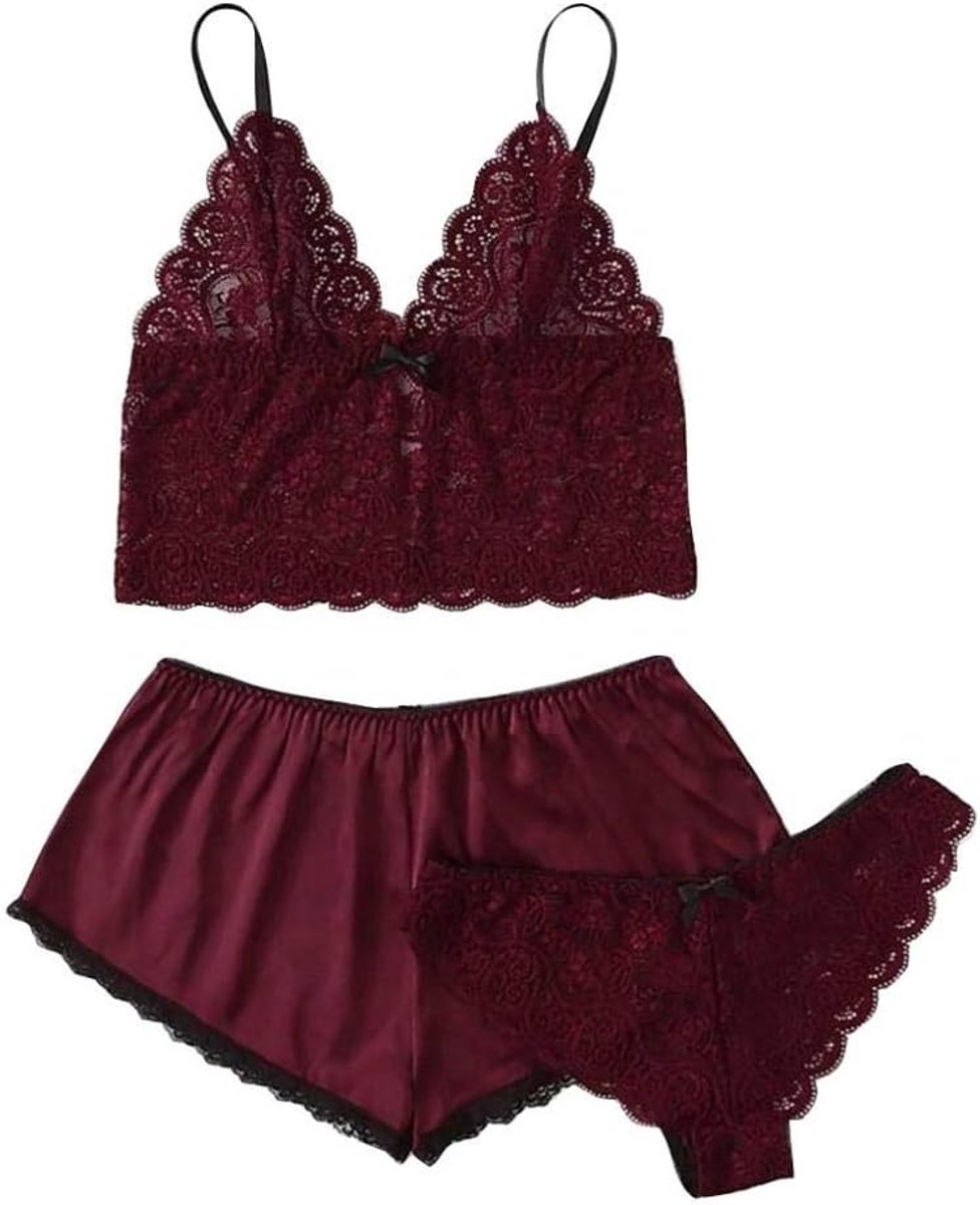 Dames Dames hemdje Shorts Set Nachtkleding Pyjama Kanten Lingerie Sets-Red_XL