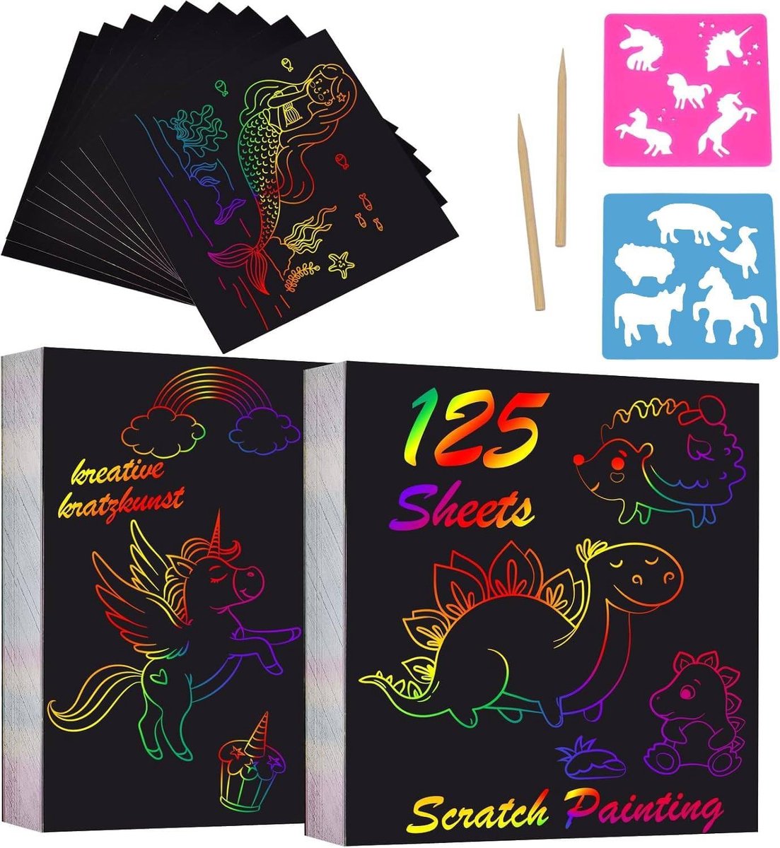 125 vellen krasplaatjes voor kinderen, regenboogkrasplaatjes, Magic Scratch Book + 2 houten potloden + 2 malsjablonen, krasambachten kinderset om te tekenen en knutselen voor feestdecoratie DIY