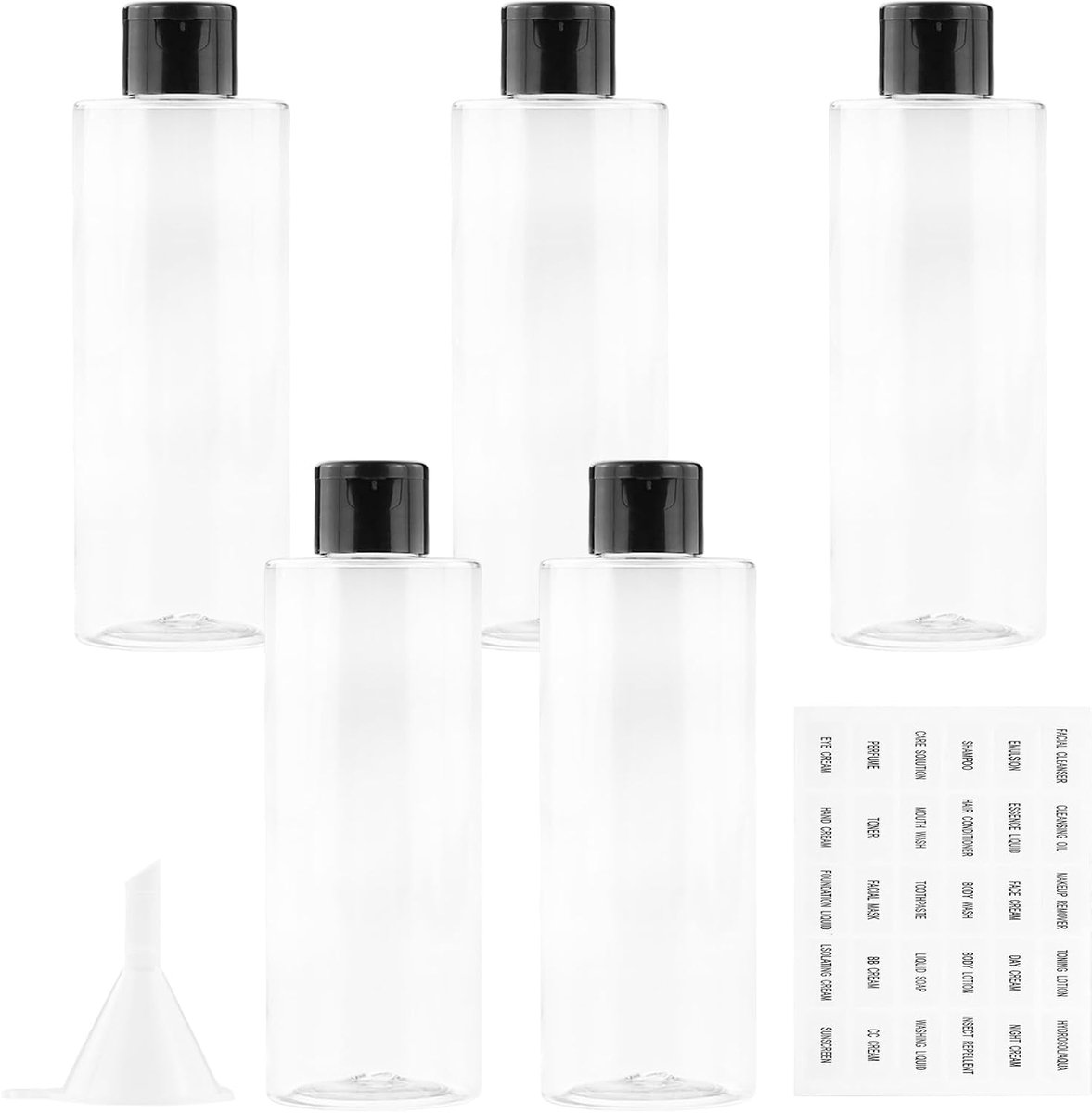 250 ml reisflessenset met klapdop (5 stuks) lege dispenser, plastic flessenset, vulflessen voor cosmetica met trechter (transparant)