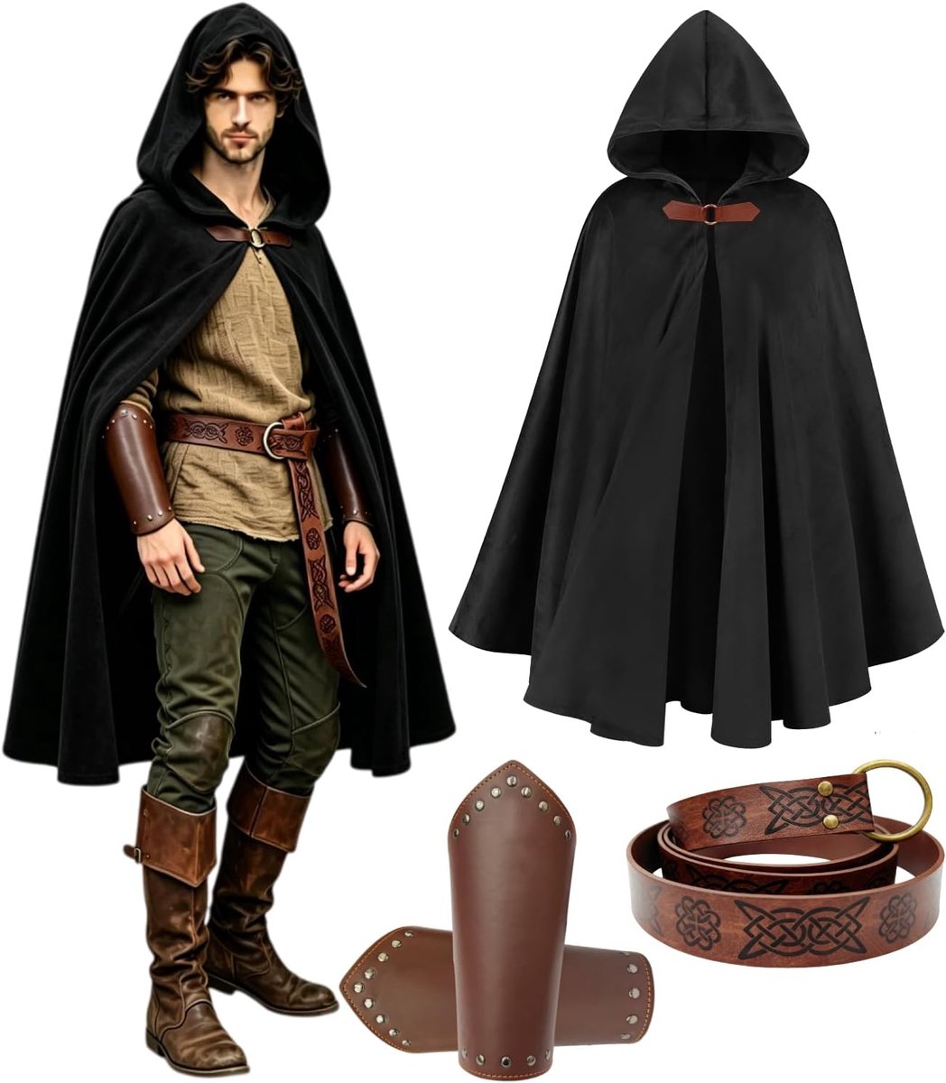 Cape-kostuum, Viking, renaissance, mantel met capuchon, met riem, riemtas, hoofdtooi, vampier, hobbit, heks, outfit, cape voor Halloween, carnaval, festival, renfair, themafeest (zwart)