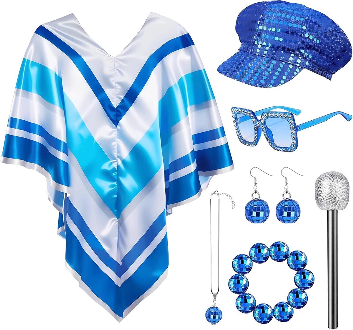 70s disco verkleedset voor vrouwen, 7 stuks retro pailletten poncho kostuum accessoires met baret hoed, vierkante zonnebril, glitter microfoon, oorbellen en ketting voor jaren 70 themafeest dansoutfit