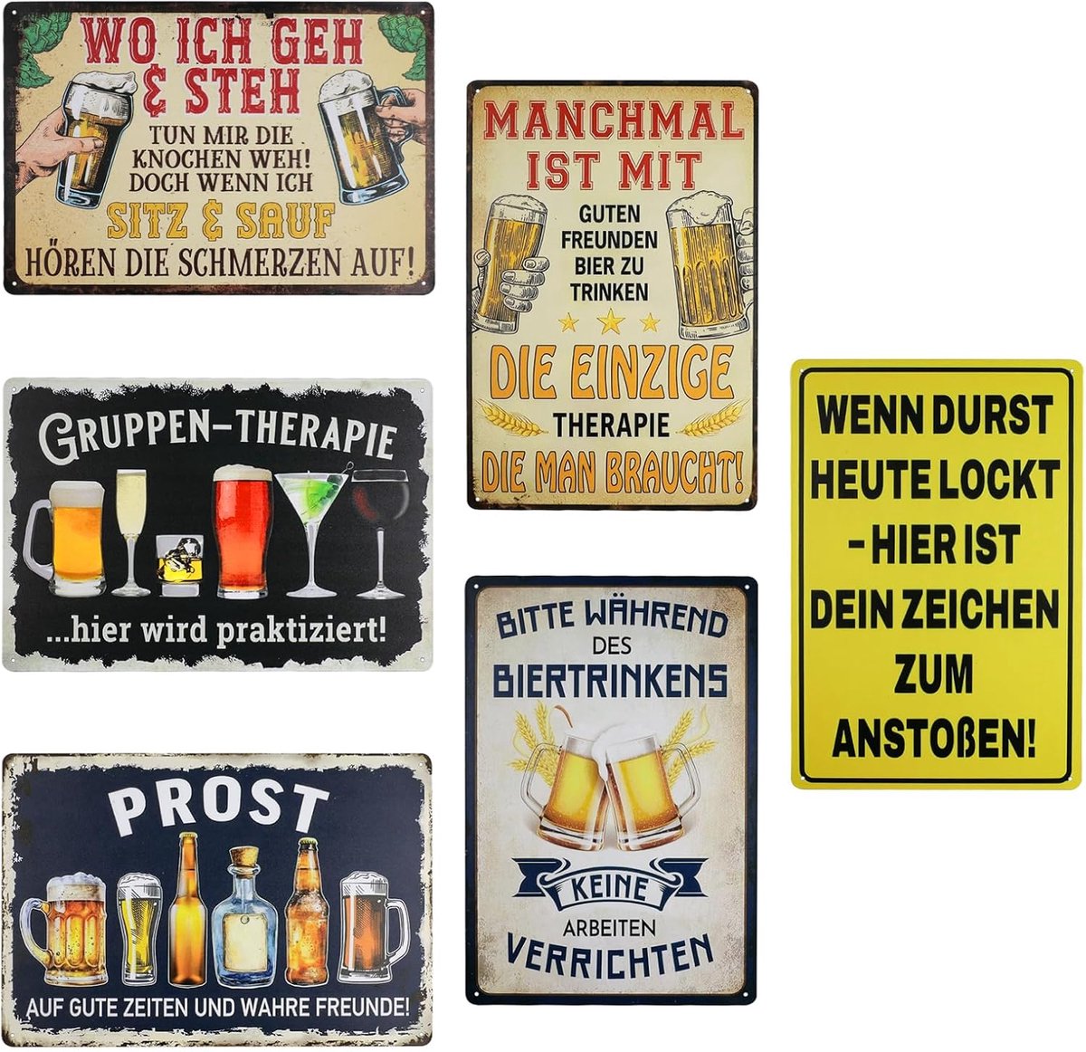 Set van 6 vintage metalen borden, metalen borden, retro