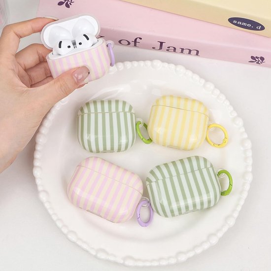 Compatibel met AirPods 4 hoes met reinigingsset, schattig gestreept patroon, esthetisch design, stootvaste en krasbestendige TPU-beschermhoes met sleutelhanger, voor vrouwen en meisjes, geel — afbeelding 5