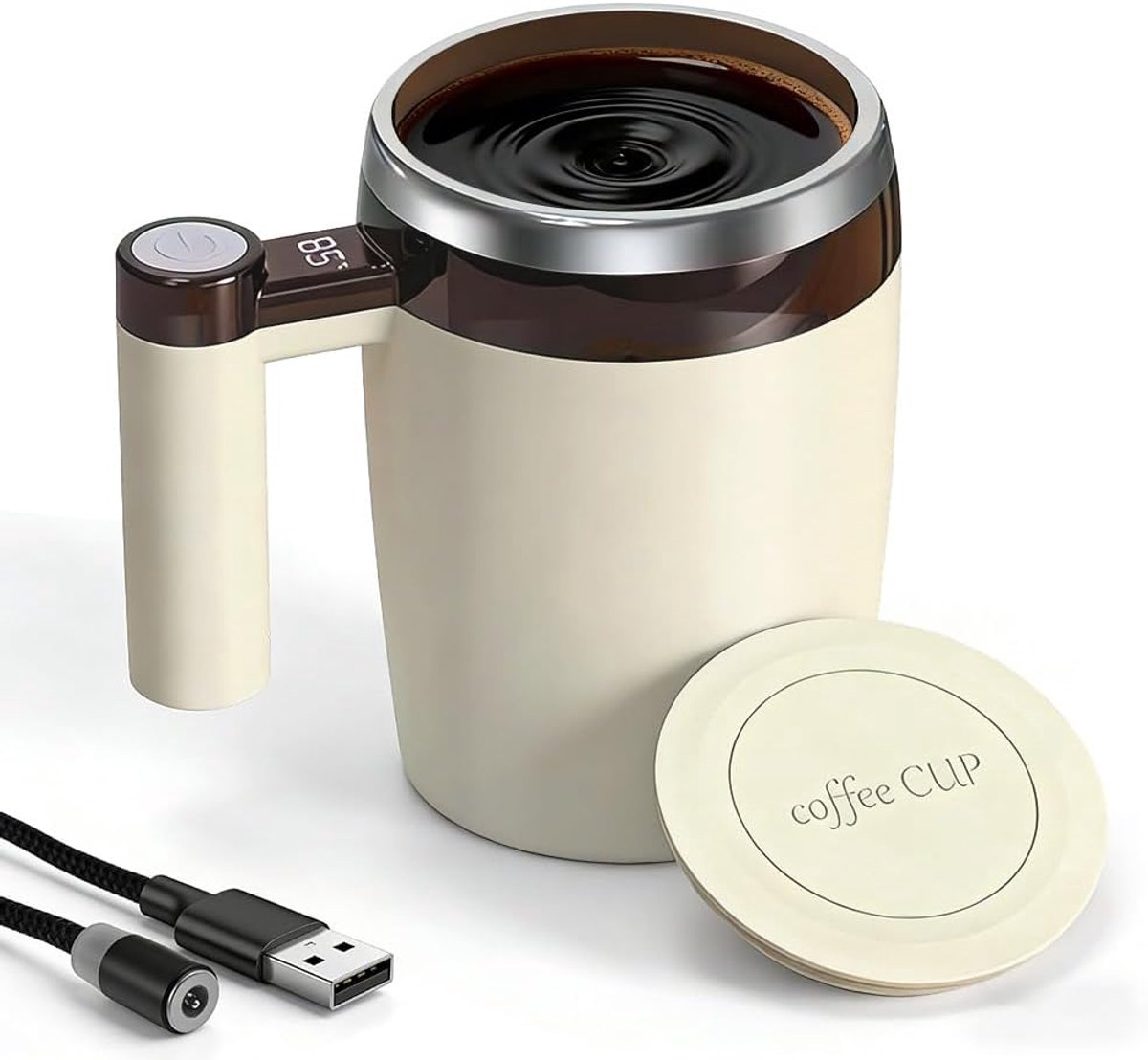 Mok, elektrisch, 400 ml, USB-zelfroerende beker met temperatuurweergave, draagbare koffiemok met antislip bodem (bruin)