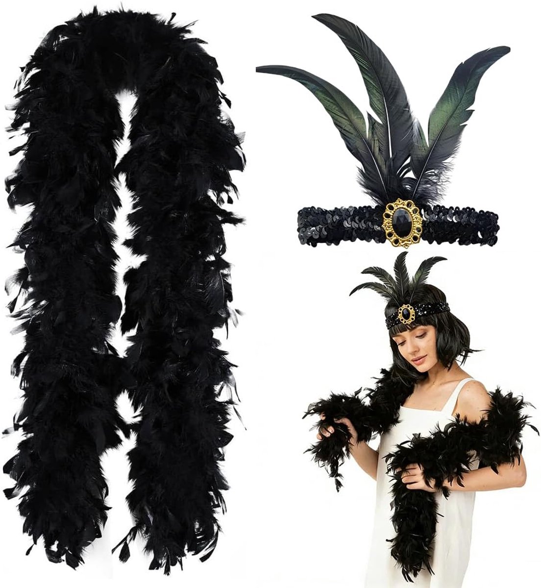 1920 kostuum damesaccessoires set met verenhoofdband, verenboa zwart jaren 20, jaren 20 kostuum dames, donzige verenboa, dames natuurlijke veren gothic veren, voor bruiloft aankleden feest