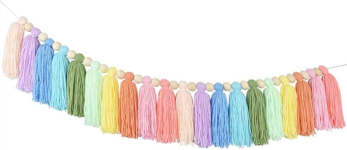 Kwastjes slinger banner, Boho kleurrijke pastel achtergrond decoratieve muurdecoratie voor kinderkamer slaapkamer verjaardag kerstfeest
