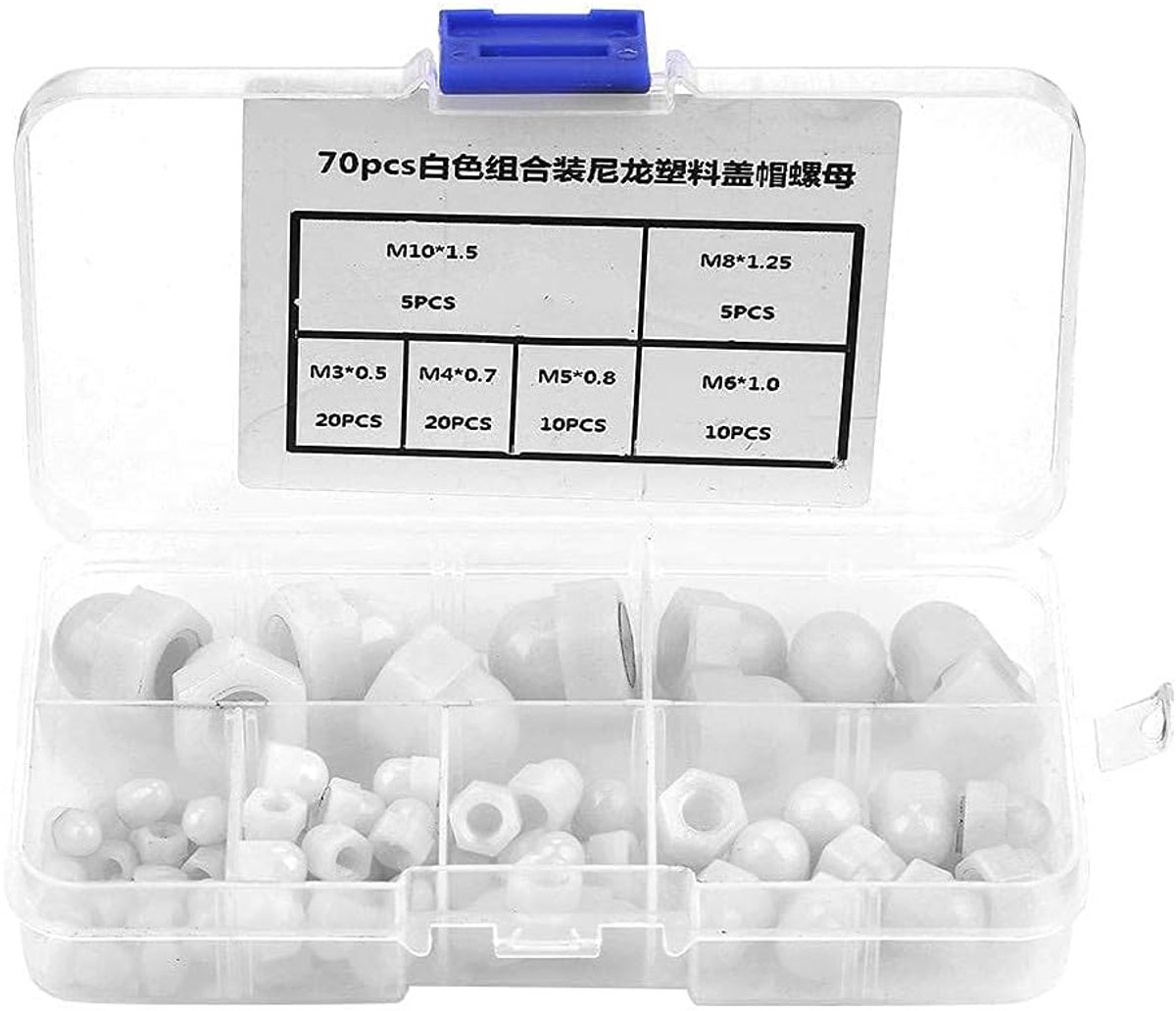 Assortimentskit met eikelmoer, nylon bolvormige dop Zeskantmoer Kroon Eikelmoeren Gevormde dopmoer 70 stuks M3/M4/M5/M6/M8/M10 Zwart, wit (optioneel)(Wit)