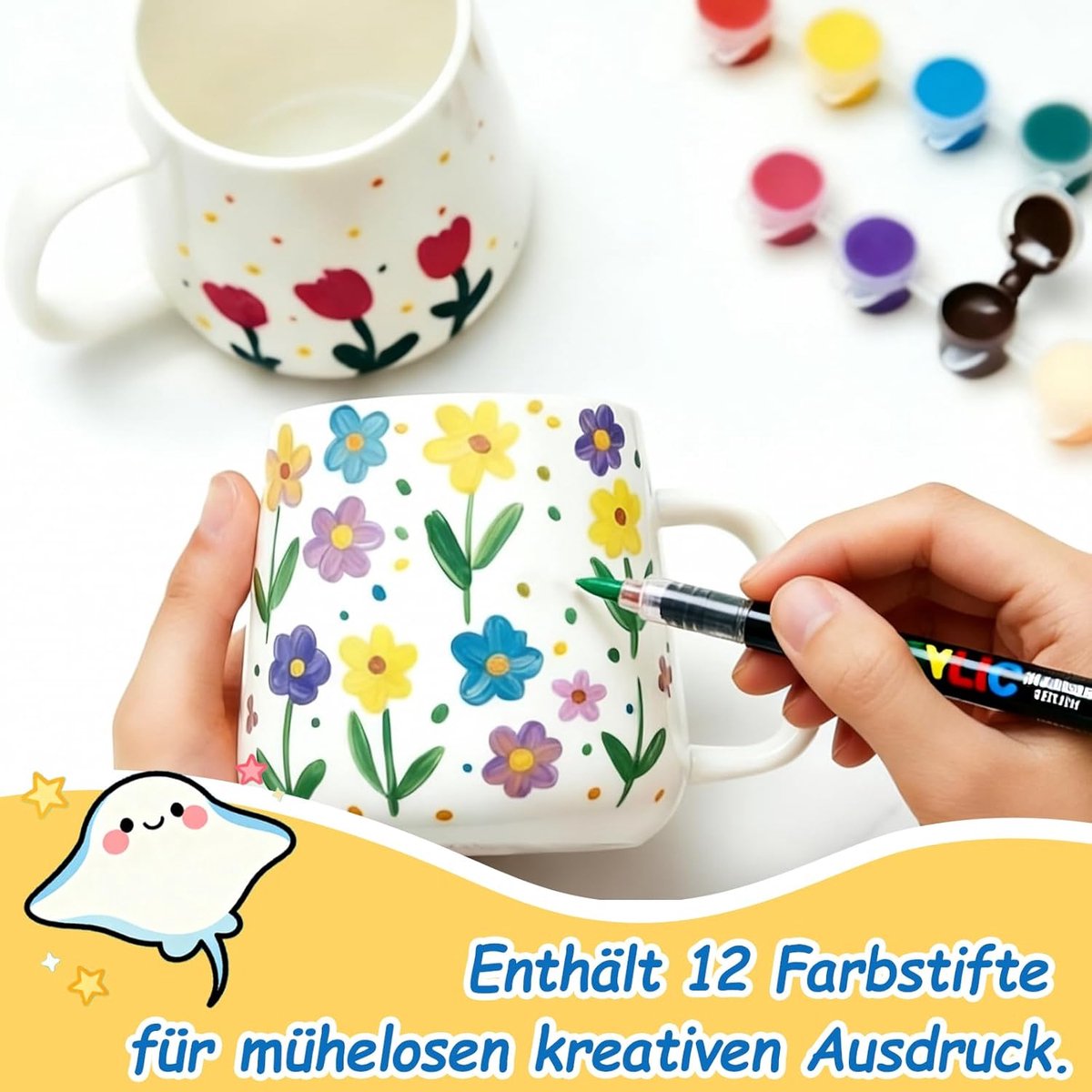Keramische schilderset, keramische bekers schilderset, 2 witte porseleinen kopjes om te beschilderen, doe-het-zelf keramische schilderset, mok creatieve set, 12 schilderstiften, 2 lepels, 1