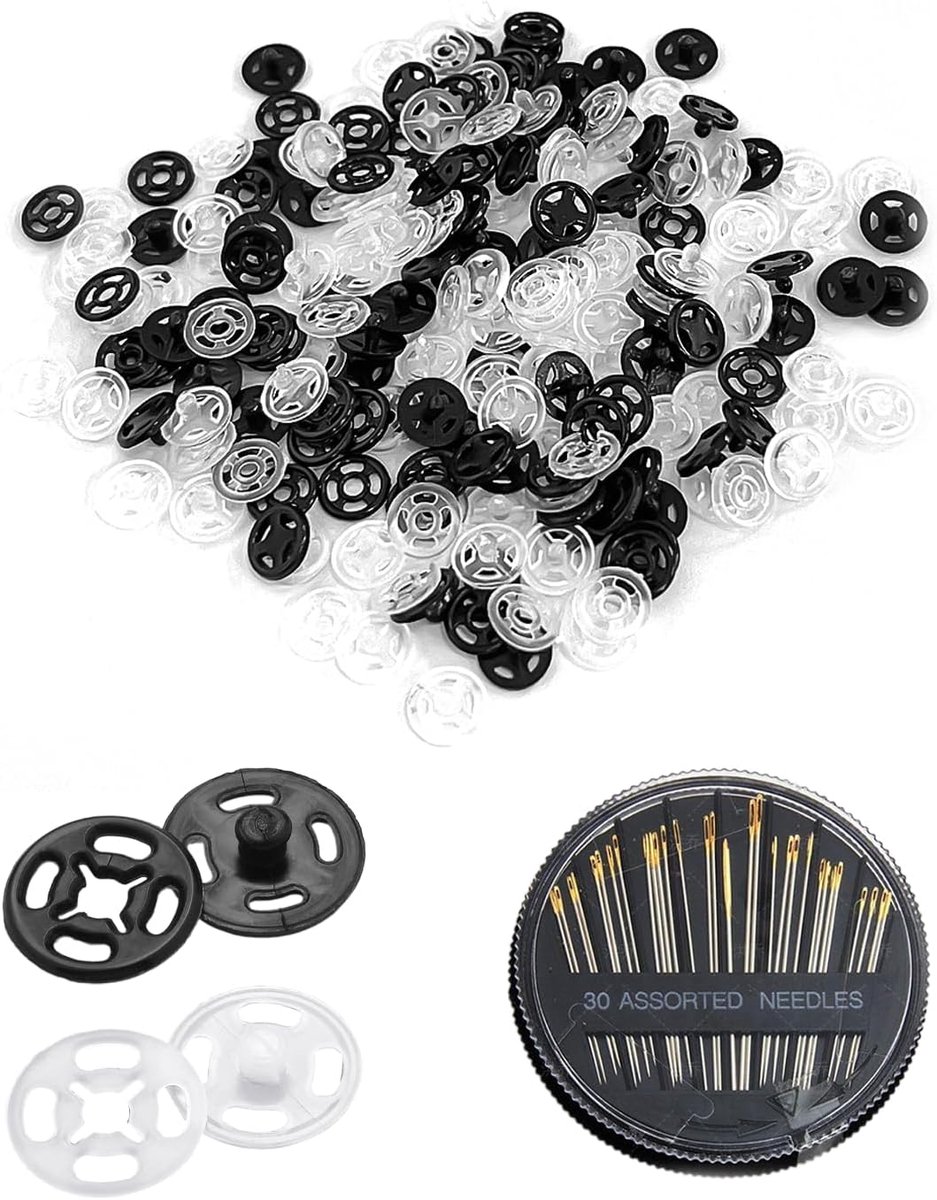 Knopen van kunststof, 1 doos naainaaldenset, zwarte drukknopset, naaiknopen voor kleding, knopen voor het naaien van kleding, transparante drukknopen