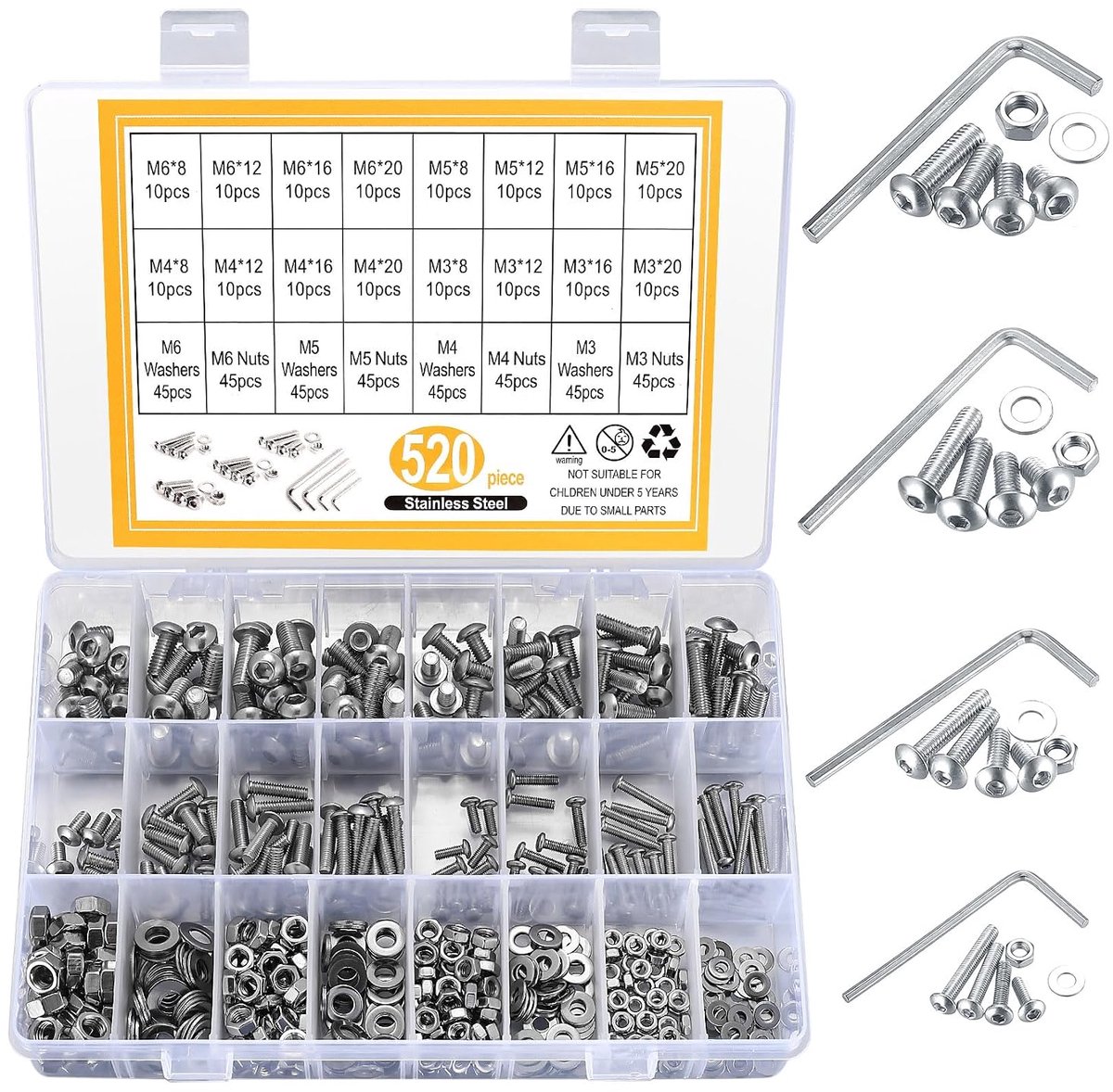 520 stuks M3, M4, M5, M6 schroevenset, binnenzeskantschroeven, moeren, roestvrijstalen ronde kop, schroefdraadschroeven met moeren, machineschroeven, assortiment met sluitringen, set (zilver)