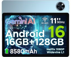 DOOGEE U11 - Tablet - Tablets - 16 GB RAM+ 128 GB ROM/TF 2TB - Android 16 - 11 inth 90 Hz - Dubbele boxluidsprekers - 8580 mAh - Face ID - 5G WiFi - Widevine L1 - GPS - Blauw