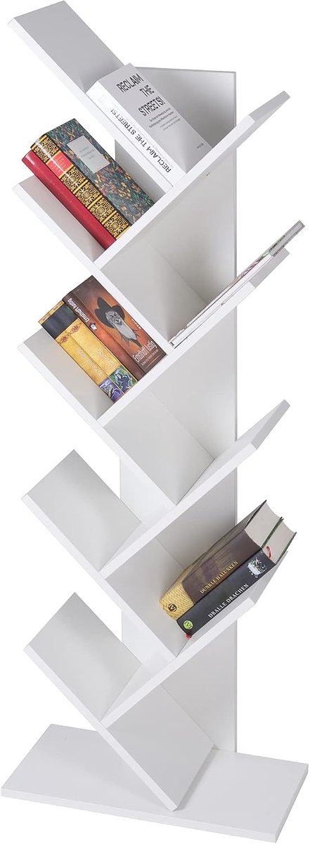Boekenkast met 8 niveaus in boomvorm, 50x25x140 cm, wit, hout, staande plank voor CD/DVD, staande plank voor woonkamer, kantoor, archiefplank, ruimteverdeler opbergplankorganizer voor boeken