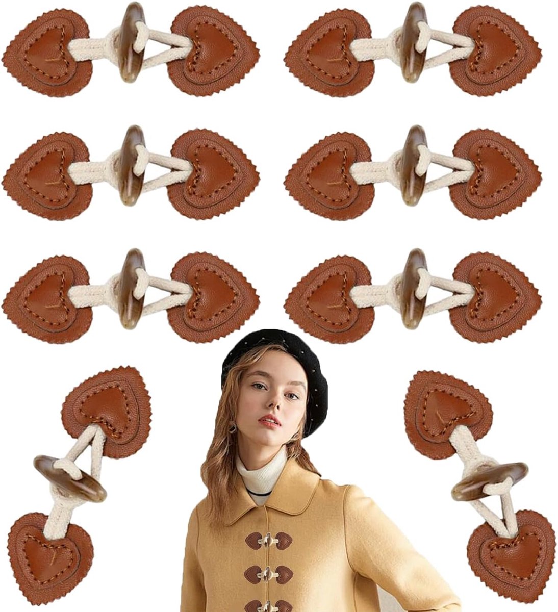 8 sets PU leer hars hoorn knevelsluiting knopen opnaaibaar voor jas, trenchcoat, wollen buitenkleding, naai-DIY accessoires, knevelknopen voor jassen, jas, bruin & wit