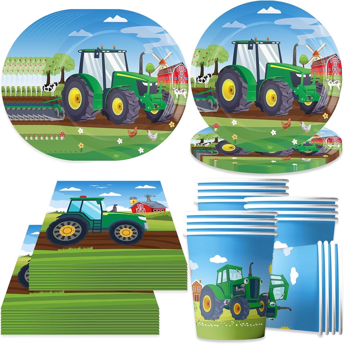 Feest servies kinderen verjaardag partij servies set verjaardag papieren bekers papieren borden servetten 16 gasten, verjaardag decoraties voor jongens meisjes feestartikelen (Groen)