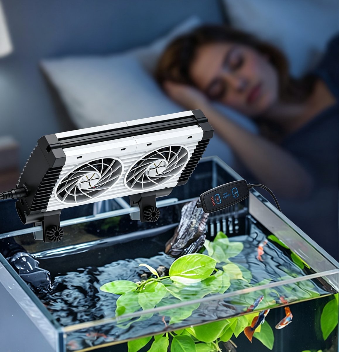 Stille koelventilator voor aquarium met instelbare snelheid wit geschikt voor zoetwater en zoutwater aquaria tot 40cm Dubbele ventilator