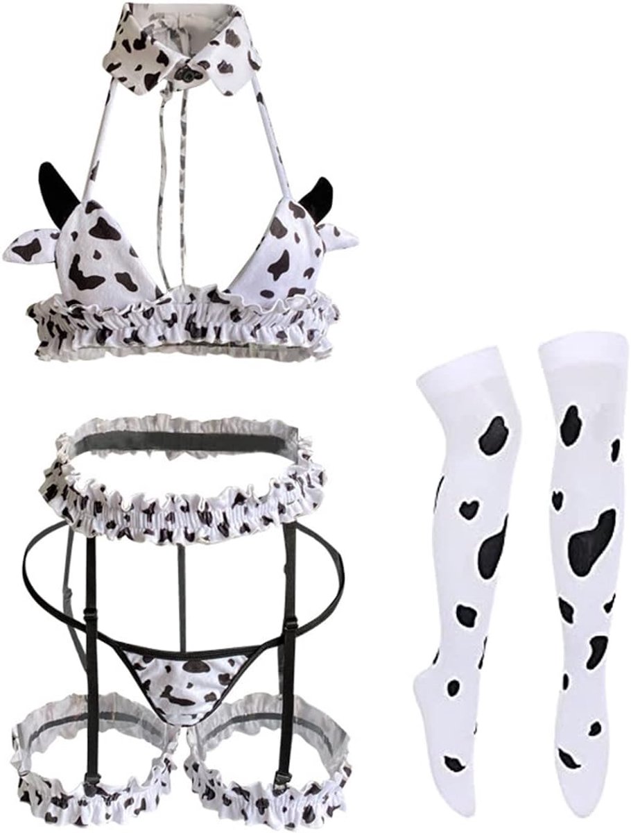 Women Anime Milk Cosplay Kostuum Bikini Kawaii BH en Panty Garter Riem Lingerie Set White Stocking