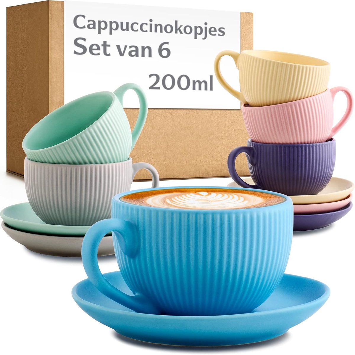 Set van 6 Cappuccinokopjes 200 ml Pastel – Met Schotels – Koffiekop
