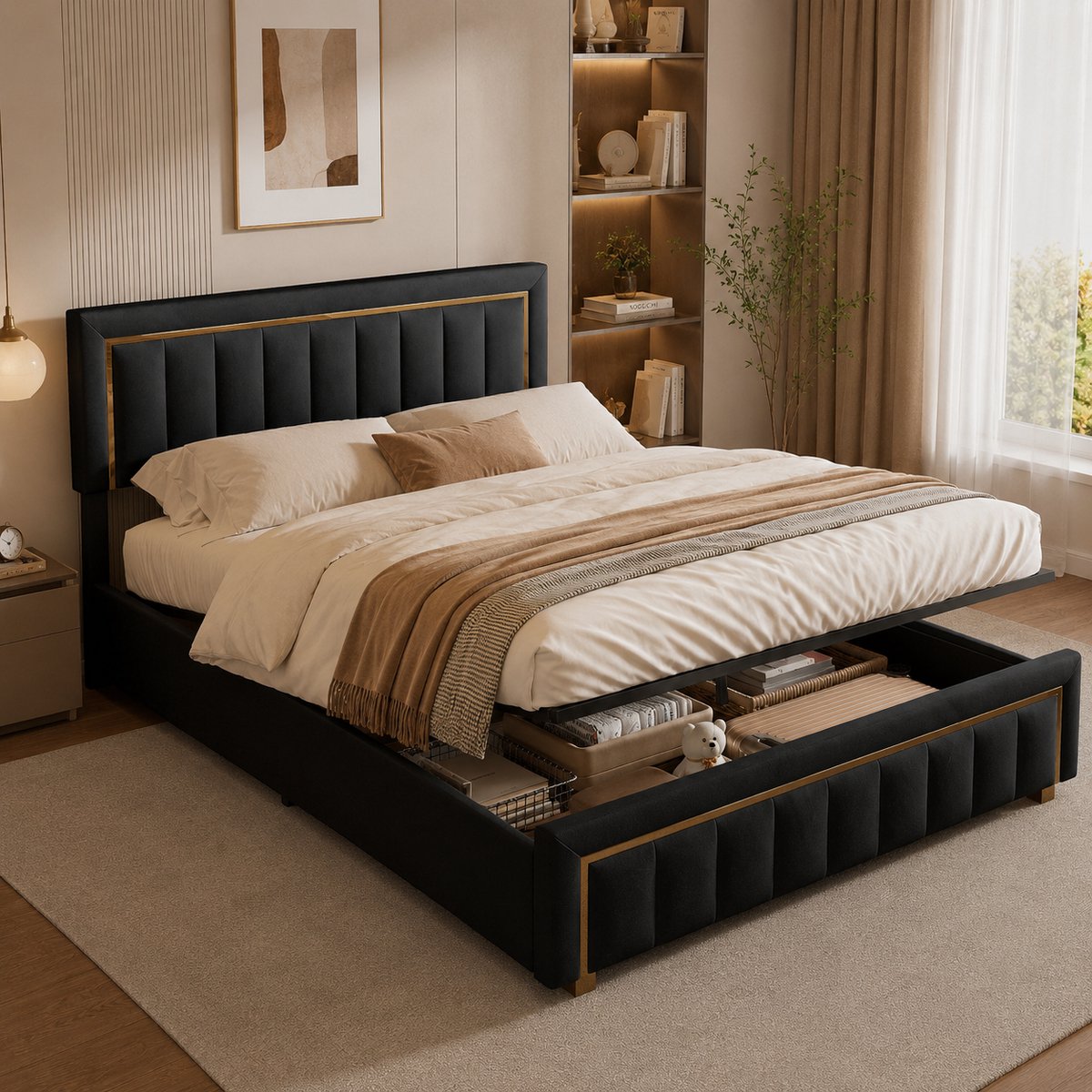 MEXUS Gestoffeerd Bed 140x200 cm, Hoofdeinde en Hydraulische Opbergruimte, Dubbele Lattenbodem voor 2 Personen, Gestoffeerd met Frame, Gouden Bies, Exclusief Matras (Zwart, 140x200cm)