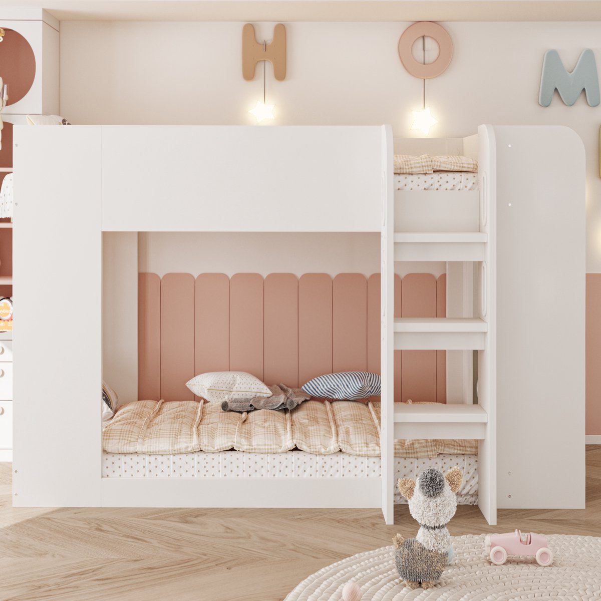VVBV Stapelbed 90x200 – Stapelbed met Opbergruimte, Legplanken, Ladder en Uitvalbeveiliging – Voor Slaapkamer – Voor Kinderen en Tieners – Wit