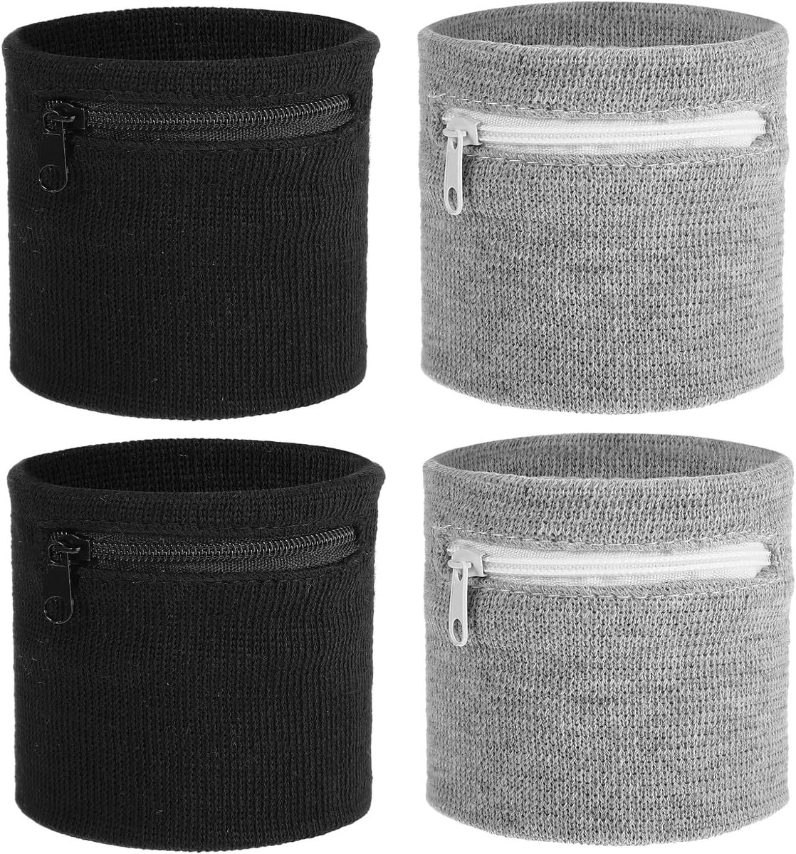 4 stuks praktische sporttas met ritssluiting, draagbare nylon portemonnee, uniseks voor kleine voorwerpen, fitnessstudio, heren, zweetbanden, tennisbanden, sleuteltas (zwart en grijs)