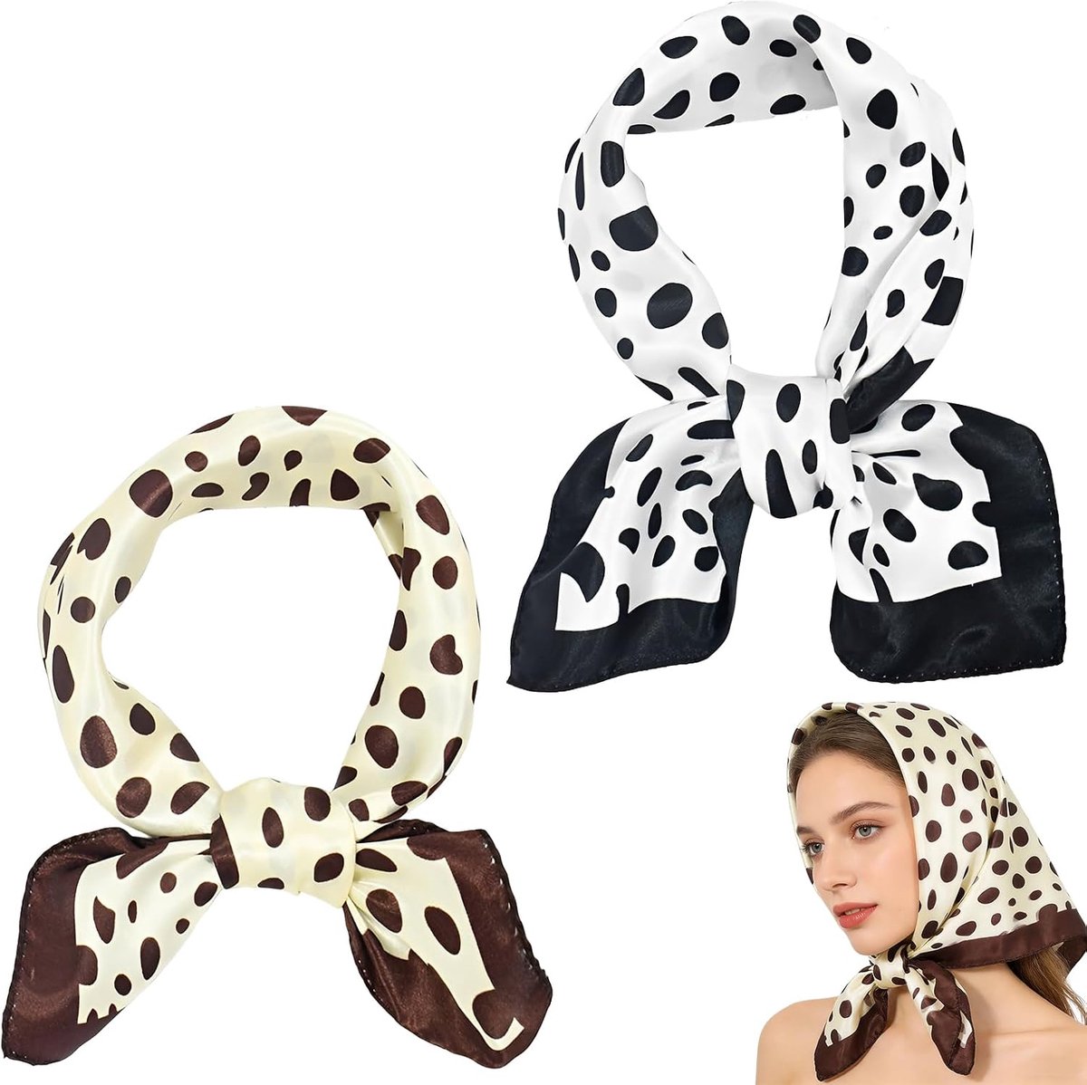 Set van 2 zakdoeken met stippen voor dames, kleine zijden doek van satijn, 50 x 50 cm, elegante vintage bandana voor hals en haar, retroaccessoires voor handtas (zwart en bruin)
