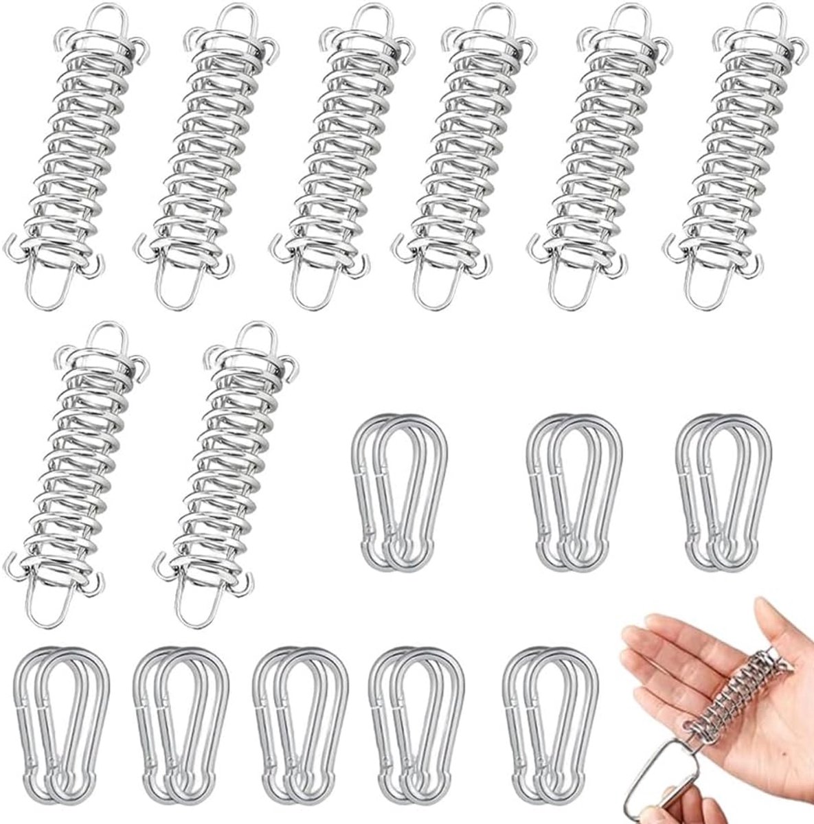 8 stuks roestvrijstalen trekveren met haken, spanveer, trekveren, met 16 karabijnhaken, zeer sterke bevestigingsset, geschikt voor tenten, luifels, campingaccessoires, zilver