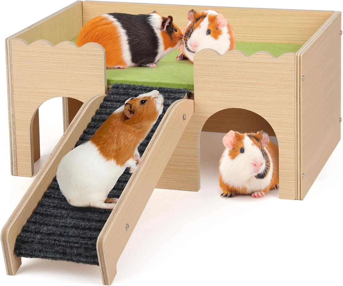 Cavia-verstopplaats met trap en matten, extra groot cavia-slot, afneembare verstopplaats voor hamsters, konijnen en chinchilla's, afneembaar huis (groen)