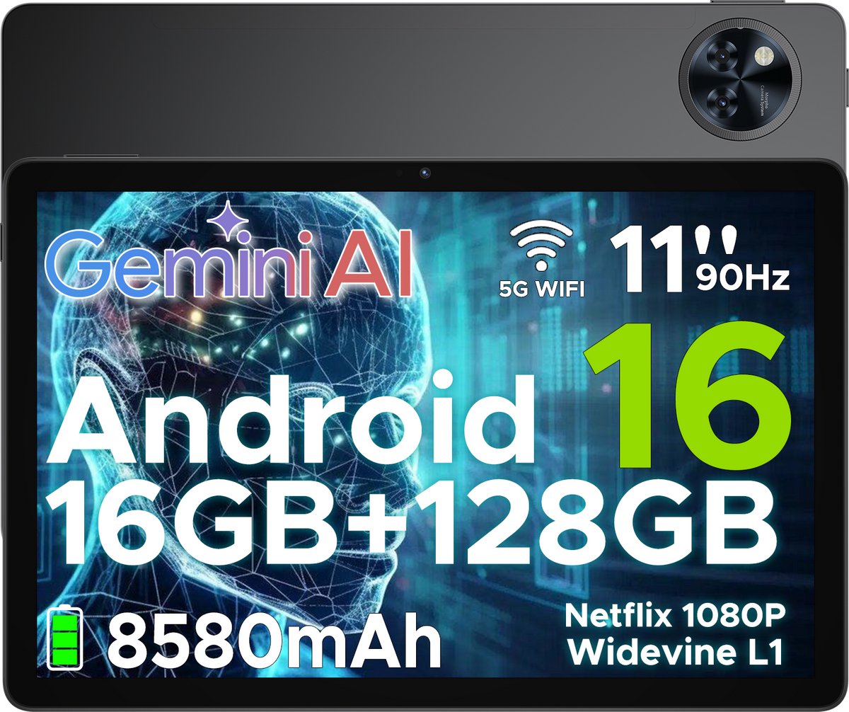 DOOGEE U11 - Tablet - Tablets - 16 GB RAM+ 128 GB ROM/TF 2TB - Android 16 - 11 inth 90 Hz - Dubbele boxluidsprekers - 8580 mAh - Face ID - 5G WiFi - Widevine L1 - GPS - Zwart