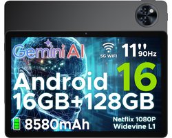 DOOGEE U11 - Tablet - Tablets - 16 GB RAM+ 128 GB ROM/TF 2TB - Android 16 - 11 inth 90 Hz - Dubbele boxluidsprekers - 8580 mAh - Face ID - 5G WiFi - Widevine L1 - GPS - Zwart
