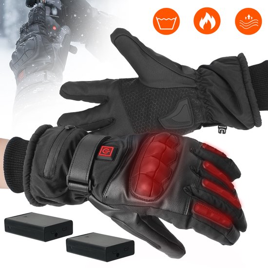 Zwarte, verwarmde handschoenen met rode verwarmingselementen, aan/uit-symbool en batterijpakketten.