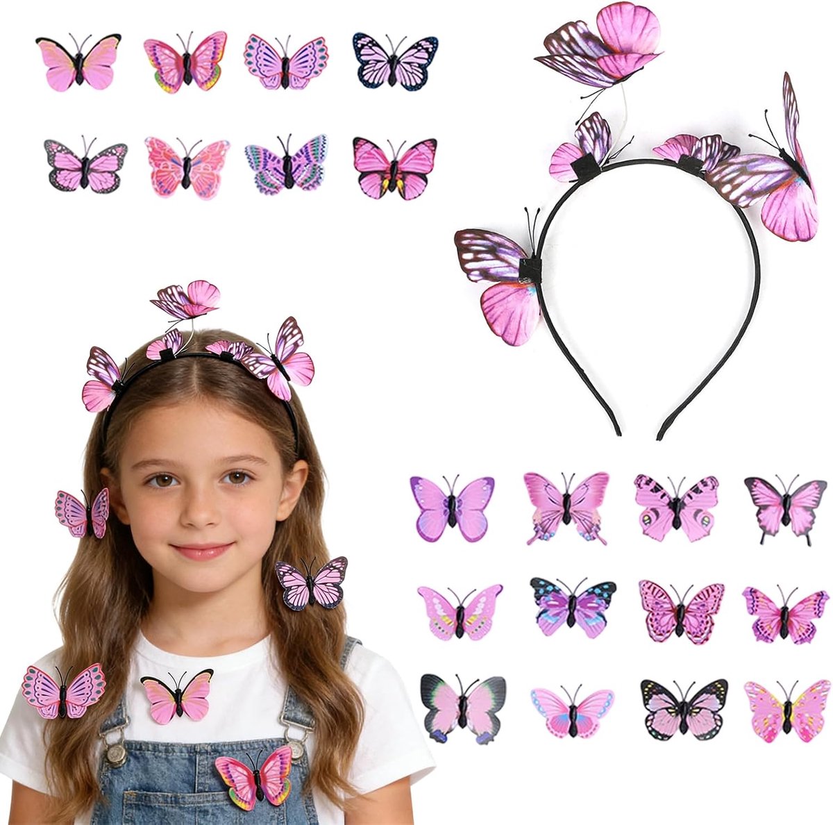 Hoofdband en 20 stuks Vlinder Decoratie met Veiligheid Pins Clips voor Vrouwen Meisjes Kinderen, Bruid Fee Elf Kostuum Kroon Hoofdstuk Haaraccessoires voor Party Festival