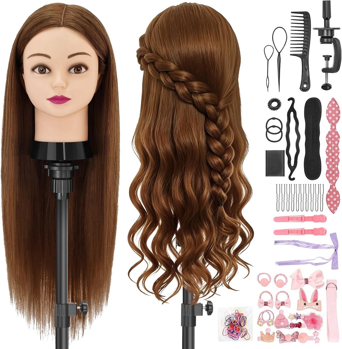 61 cm, 80% echt haar, oefenhoofd voor kappers, kappershoofd, echt haar, styling mannequinhoofd, trainingshoofd, hoofd om te oefenen, pop haar met tafelklem en