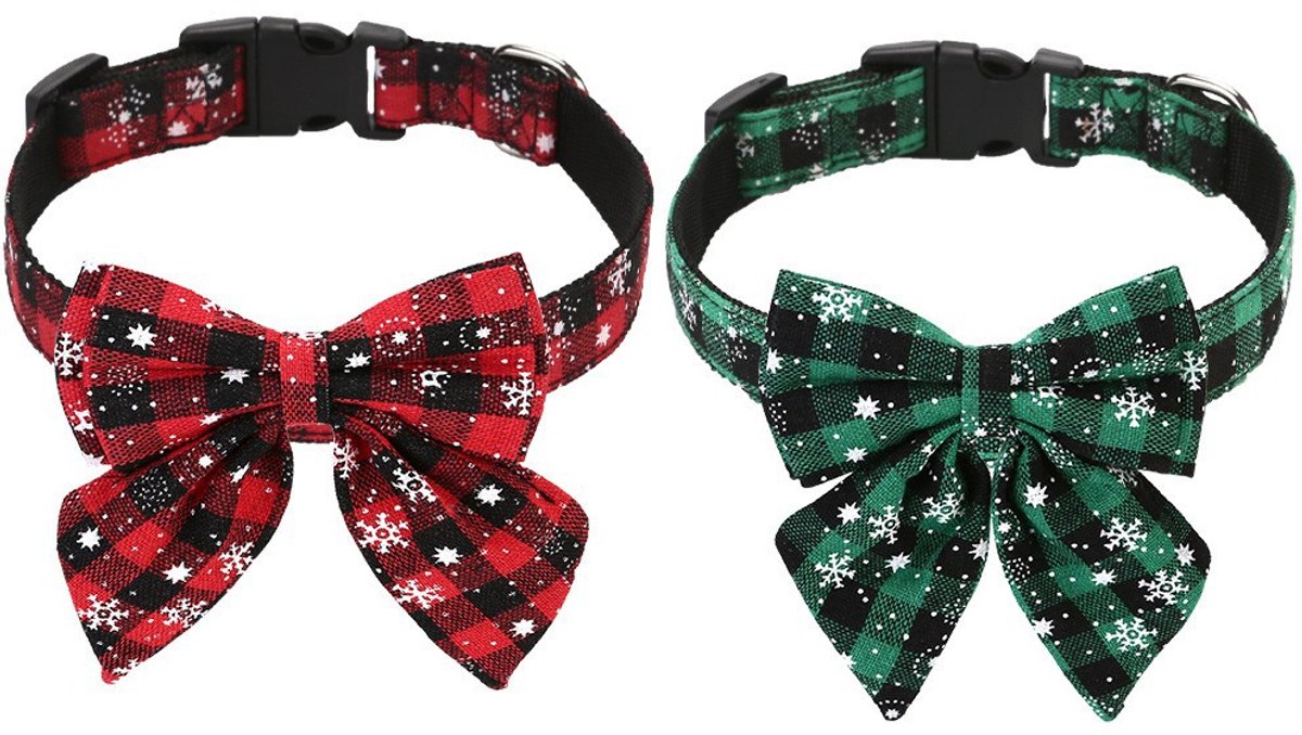 2 Pcs kersthalsbanden voor katten met strik – Veiligheidshalsband met kliksluiting – Verstelbare kersthalsband (28–38 cm) voor kittens en volwassen katten – Kerstaccessoires voor huisdieren