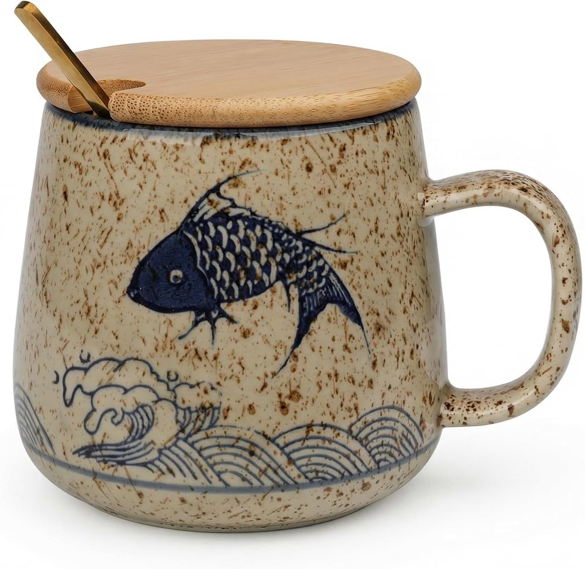 Retro keramische koffiemok, unieke vintage prachtige geglazuurde kopjes met lepel en deksel, 13oz oven verandering klei thee kopje creatief cadeau voor vrienden/minnaar (karper)