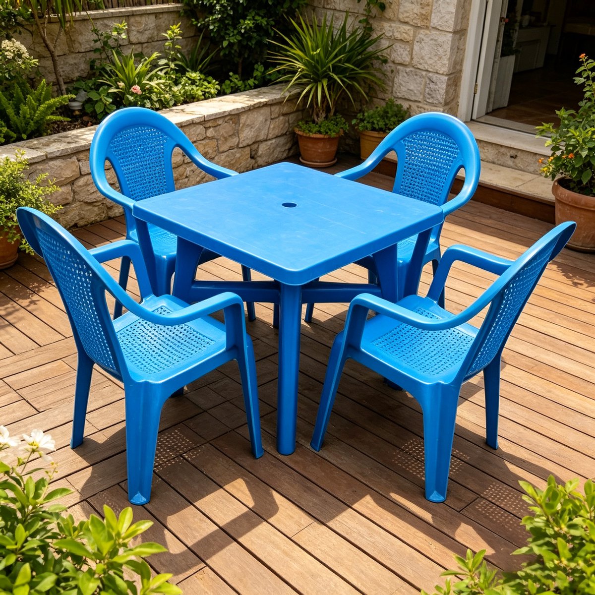 Blauw Kunststof tuinset vierkante tafel 80cm + 4 tuinstoelen met armleuning terrasmeubels voor buiten
