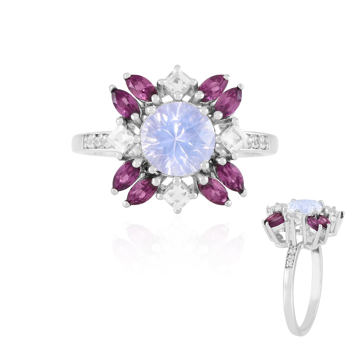 Cavill - Verstelbare 925 Sterling Zilveren Ring met 1.024 ct Maanblauwe Kwarts, Rhodoliet & Witte Topaas, Elegante Blauwe Edelsteen Ring dames