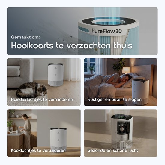 Collage van afbeeldingen die de Vibrix luchtreiniger tonen in verschillende situaties: naast een kat, een slapende vrouw, in de keuken en met schone lucht.