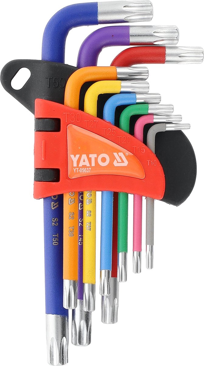 YATO YT-05637 Torx Security Sleutelset - 9-Delig - Met Ogat - S2 Staal (HRC 58-62) - Korte L-Sleutels met Kleurcodering - T10 t/m T50