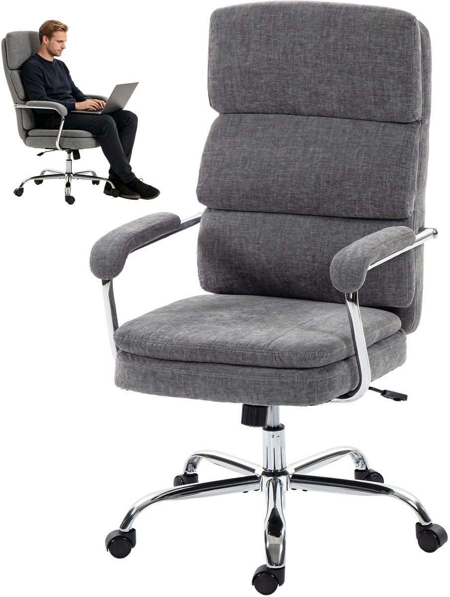 Bureaustoel - Thuiskantoorstoel - Ergonomische Bureaustoel - Chenille Grijs – Verstelbaar, 360° Draaibaar & Kantelbaar – Max. 120 kg – Thuiskantoor