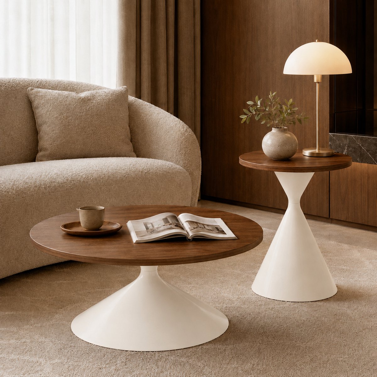 MODFU 2-Delige Salontafel- En Bijzettafelset - Rond - Modern - Walnoot En Crèmewit