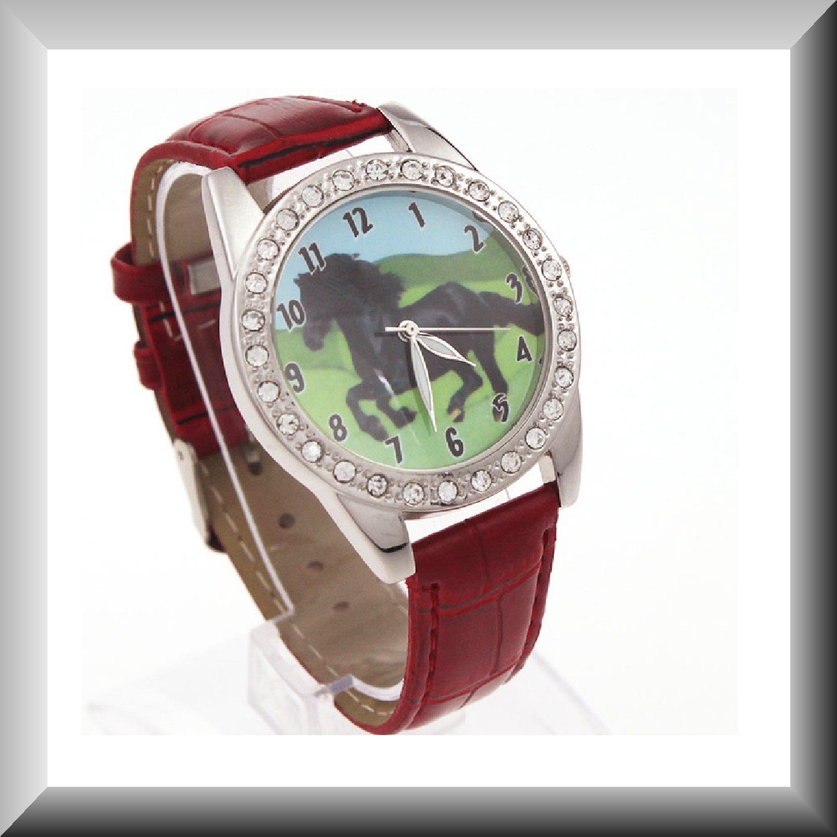 Hetty'S - Elegant horloge met Fries paard & schitterende zirconia’s - Diverse kleuren - Witte - Rode - Zwarte en Roze band