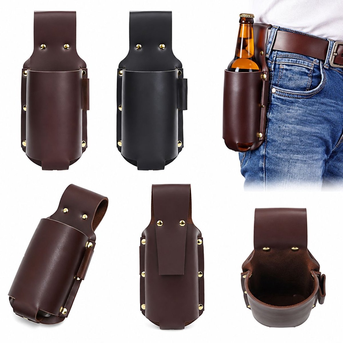 VHV - Fleshouder riem - 2 stuks - 8,5x6,5 cm - Zwart en bruin - Pu leren fleshouder - Drinkfleshouder - Taille fleshouder - tijdens het kamperen